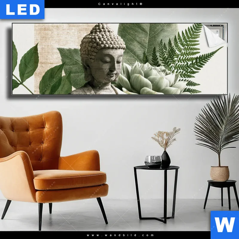 Canvalight® Leuchtbild | Buddha zwischen Lotusblüten | Panorama