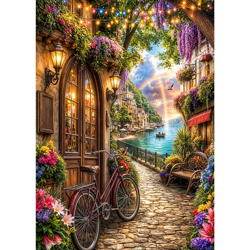 5D Diamond Painting – Zauberhafte Ufergasse im Abendlicht