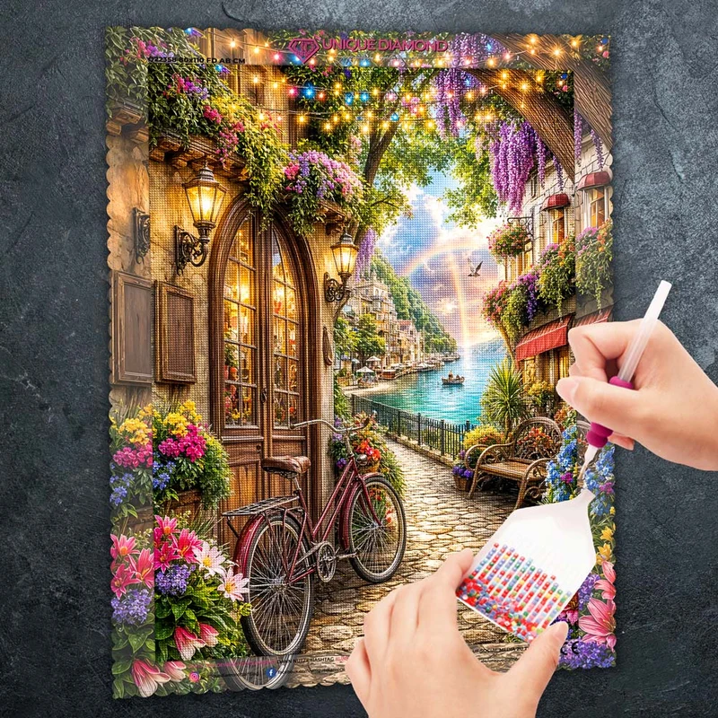 5D Diamond Painting – Zauberhafte Ufergasse im Abendlicht