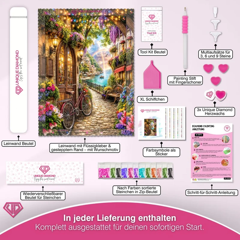 5D Diamond Painting – Zauberhafte Ufergasse im Abendlicht