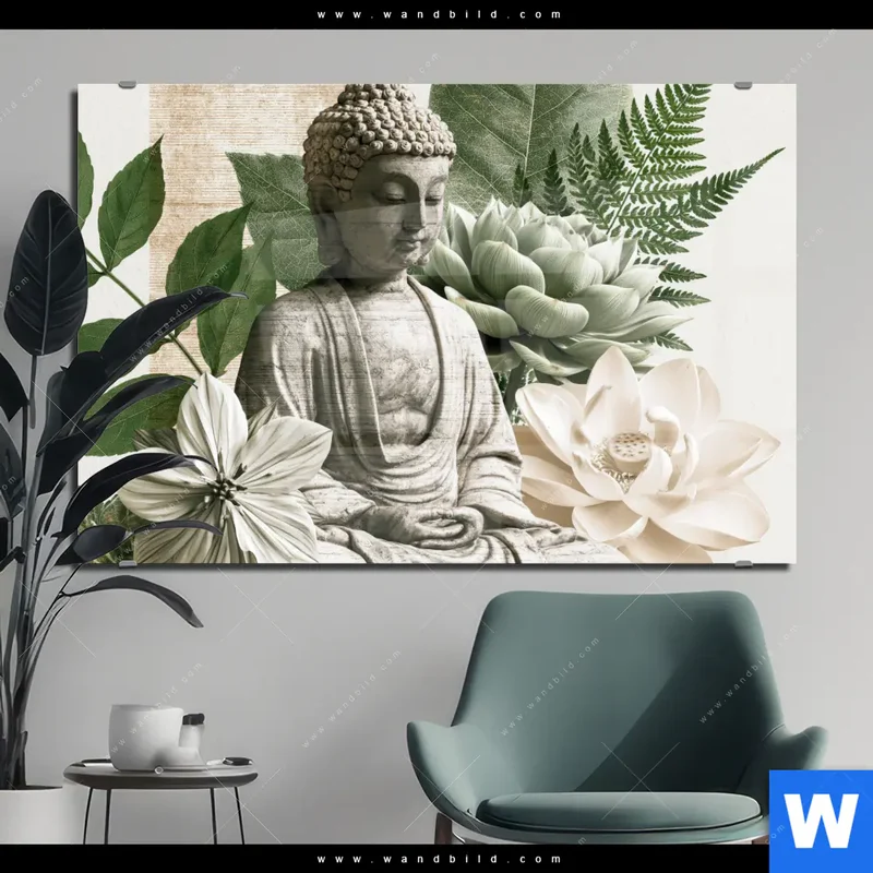 Acrylglasbild | Buddha zwischen Lotusblüten | Querformat