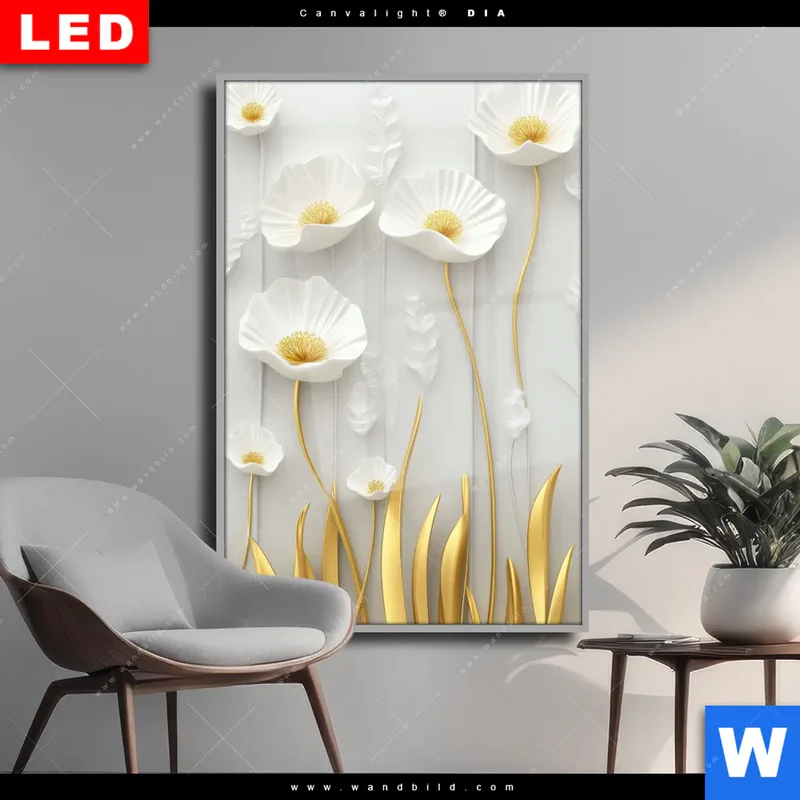 Wechselmotiv Acrylglas Canvalight® DIA | Florale Leichtigkeit mit Goldglanz | Hochformat