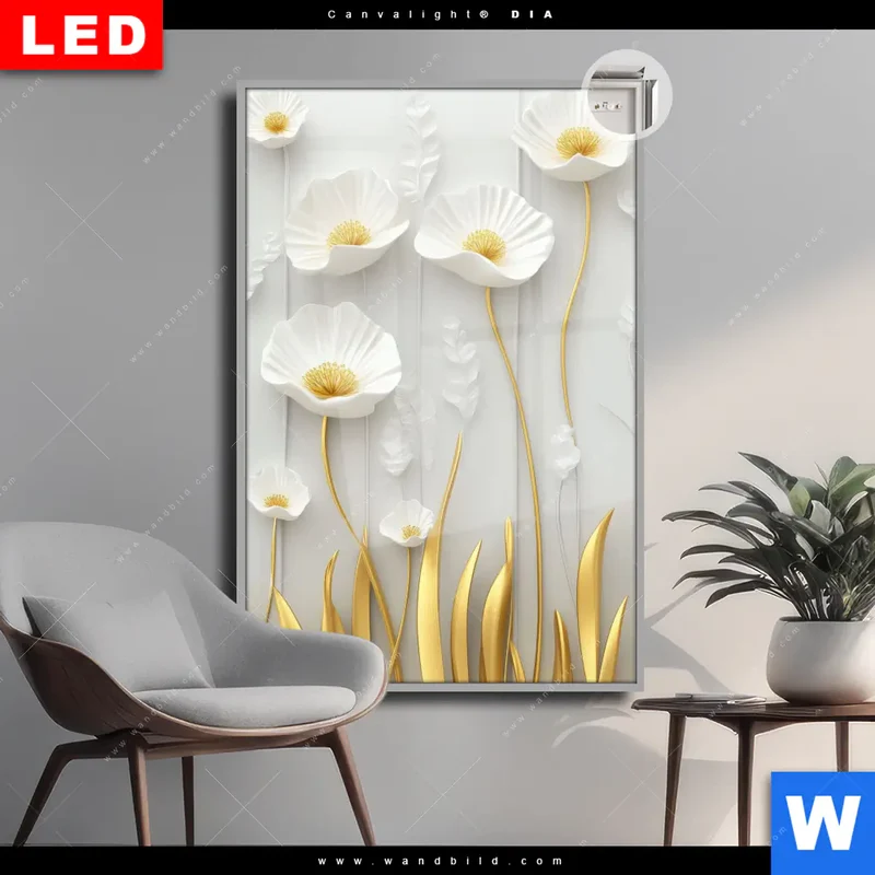 Leuchtbild Acrylglas Canvalight® DIA | Florale Leichtigkeit mit Goldglanz | Hochformat