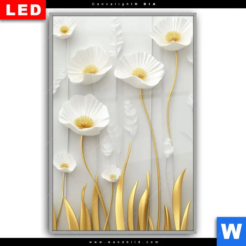Leuchtbild Acrylglas Canvalight® DIA | Florale Leichtigkeit mit Goldglanz | Hochformat