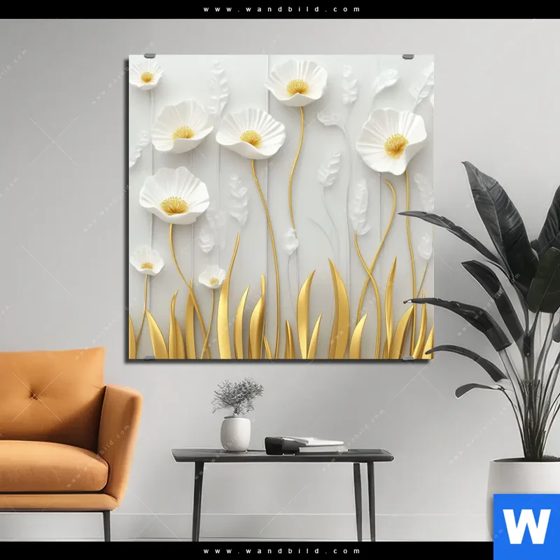 Aluminiumbild gebürstet | Florale Leichtigkeit mit Goldglanz | Quadrat