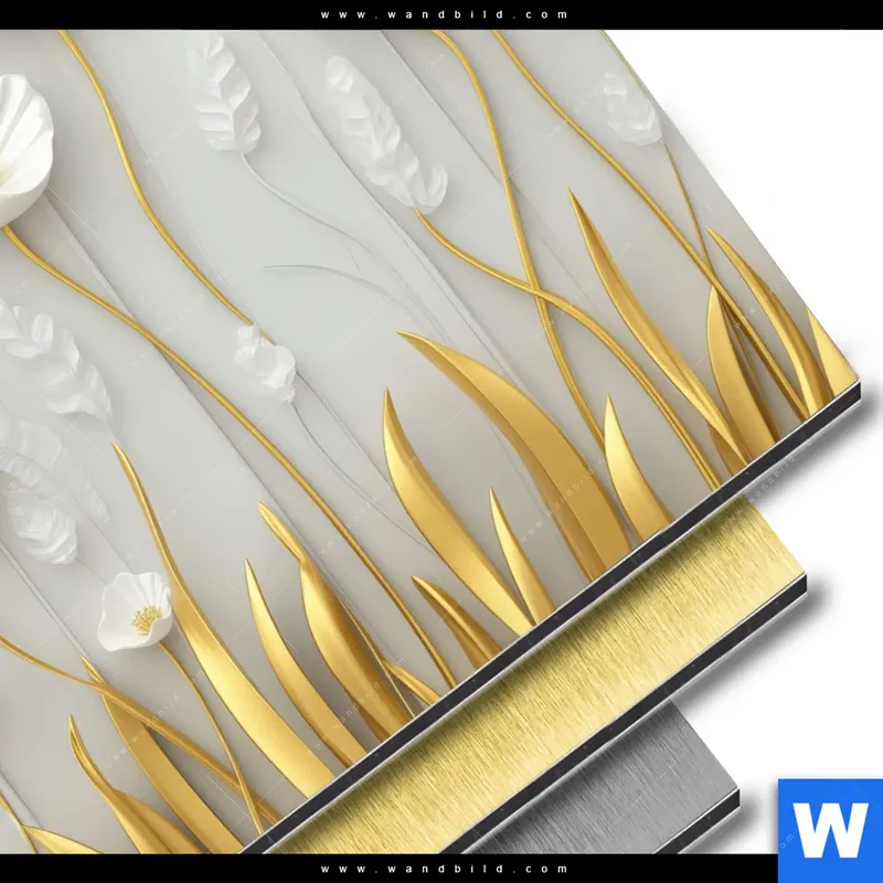 Aluminiumbild gebürstet | Florale Leichtigkeit mit Goldglanz | Quadrat