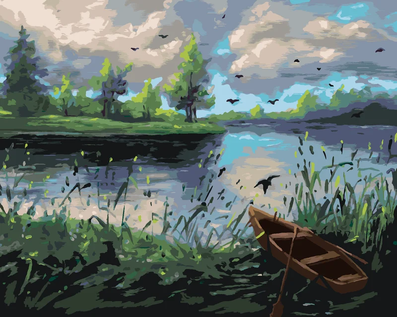 Diamond painting - WALDLANDSCHAFT MIT EINEM BOOT