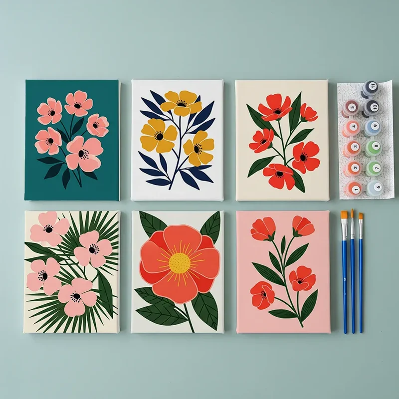 Malen nach Zahlen – 6 Mini-Gemälde - Auffällige Blumen