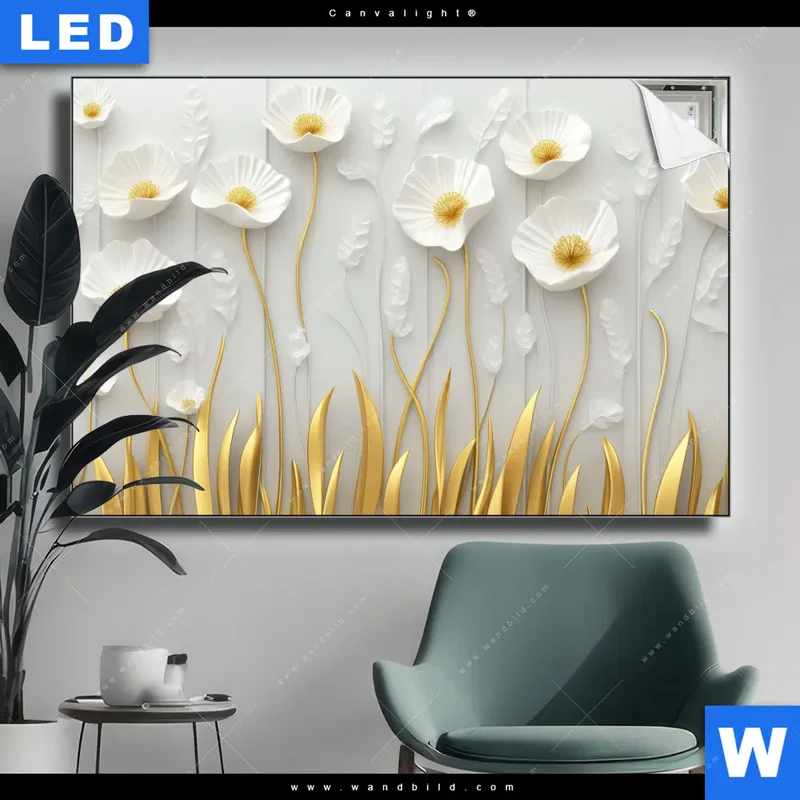 Canvalight® Leuchtbild | Florale Leichtigkeit mit Goldglanz | Querformat