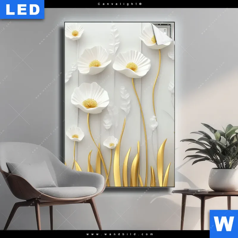 Canvalight® Leuchtbild | Florale Leichtigkeit mit Goldglanz | Hochformat