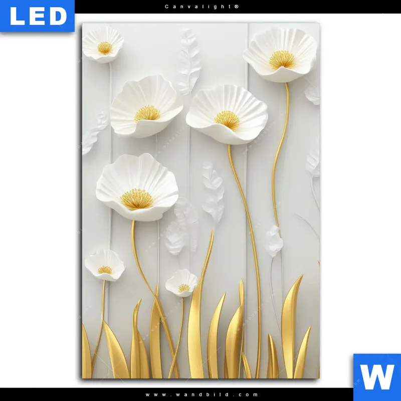 Canvalight® Leuchtbild | Florale Leichtigkeit mit Goldglanz | Hochformat
