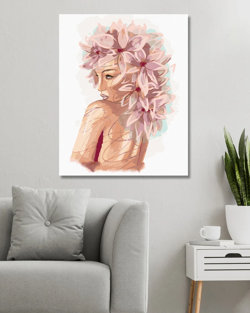 Diamond painting - JUNGE FRAU MIT ROSA BLUMEN