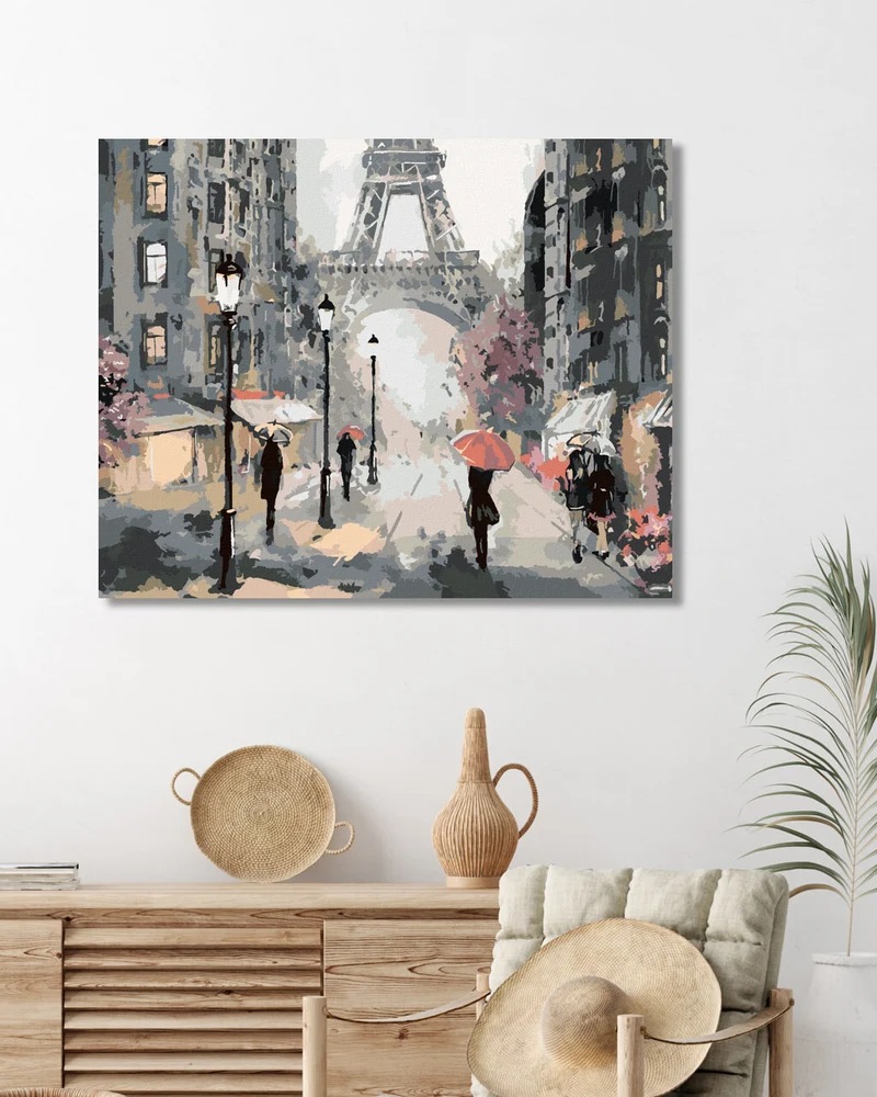 Diamond painting - PARIS UND MENSCHEN MIT ROSA REGENSCHIRMEN