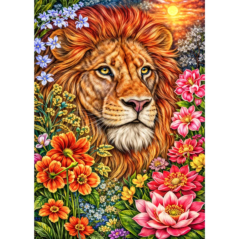 5D Diamond Painting – Löwe Kaelion im Blütenfeuer