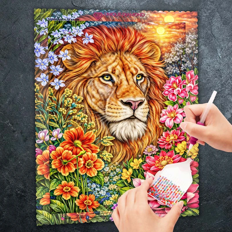 5D Diamond Painting – Löwe Kaelion im Blütenfeuer