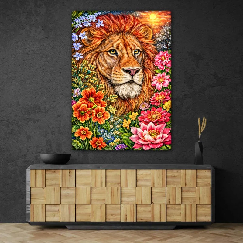 5D Diamond Painting – Löwe Kaelion im Blütenfeuer