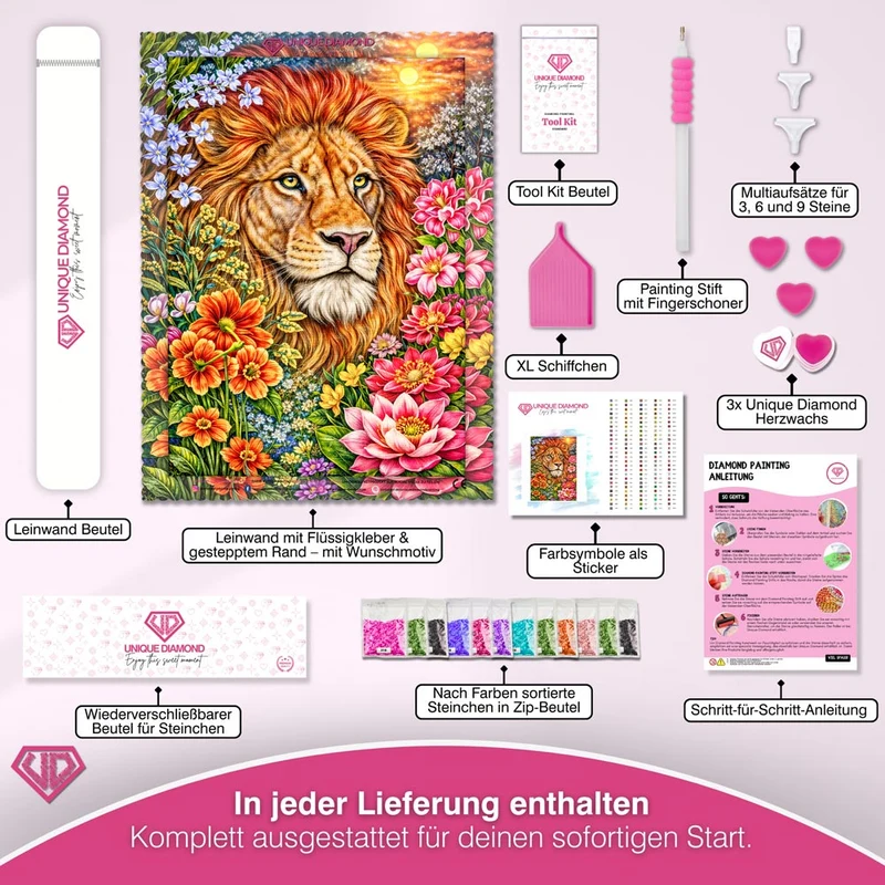 5D Diamond Painting – Löwe Kaelion im Blütenfeuer