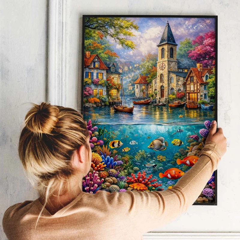 5D Diamond Painting – Zauberhafte Küstenstadt über dem Korallenparadies