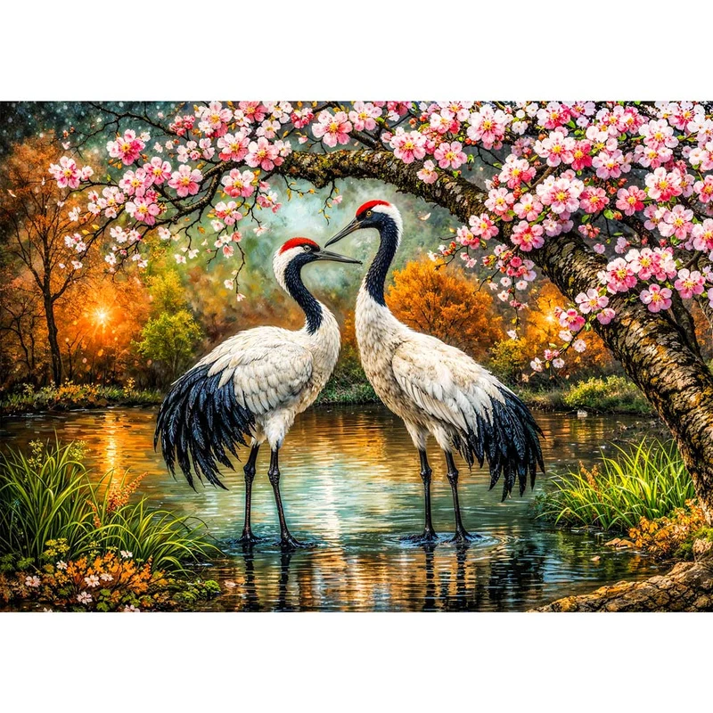 5D Diamond Painting – Kranichpaar Akira & Sora im Blütenzauber