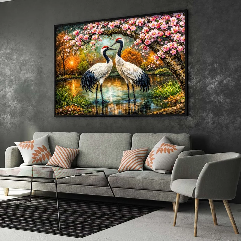 5D Diamond Painting – Kranichpaar Akira & Sora im Blütenzauber