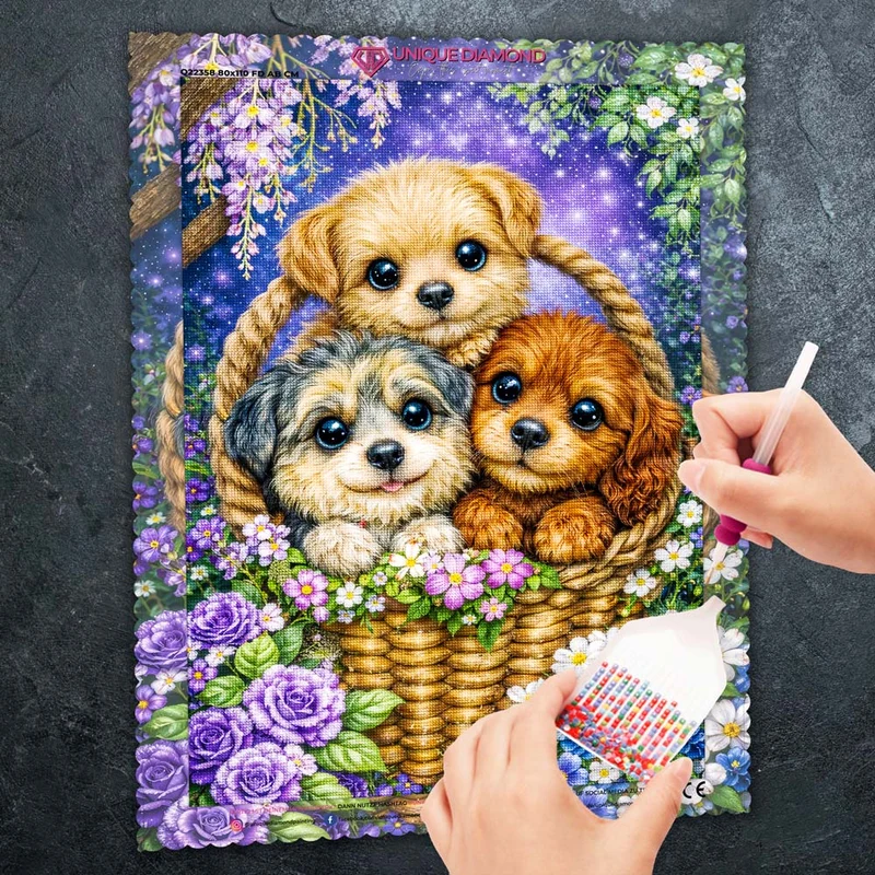 5D Diamond Painting – Welpen Trio Milo, Nala & Bruno im Blütenkorb