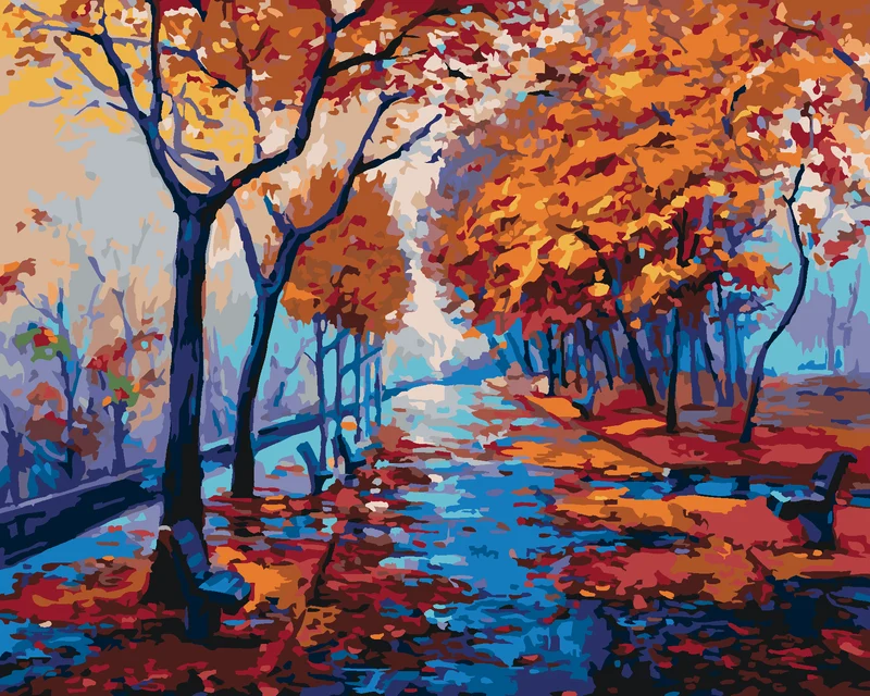 Diamond painting - HERBSTLICHER WALDPARK MIT LEEREN BÄNKEN