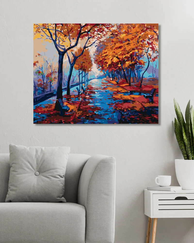 Diamond painting - HERBSTLICHER WALDPARK MIT LEEREN BÄNKEN