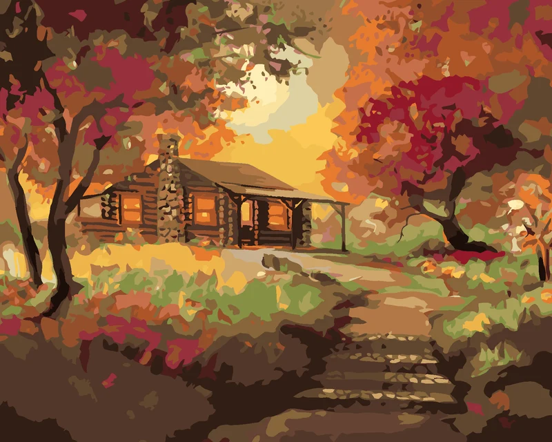 Diamond painting - BLOCKHAUS BEIM SONNENUNTERGANG IM HERBST (D. RUSTY RUST)