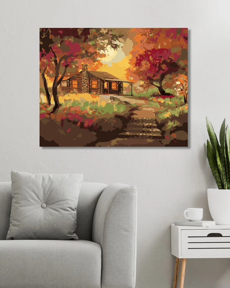 Diamond painting - BLOCKHAUS BEIM SONNENUNTERGANG IM HERBST (D. RUSTY RUST)