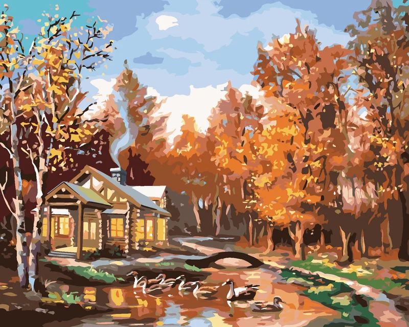 Diamond painting - HÜTTE IM HERBSTWALD UND ENTEN (D. RUSTY RUST)