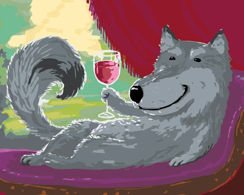 Diamond painting - GRAUER WOLF AUF EINEM SOFA MIT EINEM GLAS WEIN