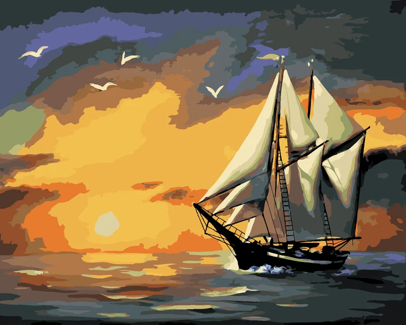 Diamond painting - SEGELSCHIFF, SONNENUNTERGANG UND MÖWEN (D. RUSTY RUST)