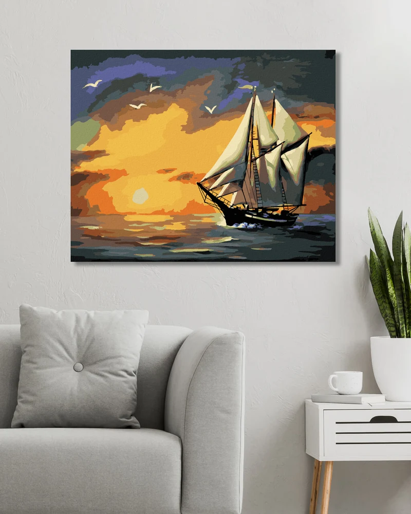 Diamond painting - SEGELSCHIFF, SONNENUNTERGANG UND MÖWEN (D. RUSTY RUST)