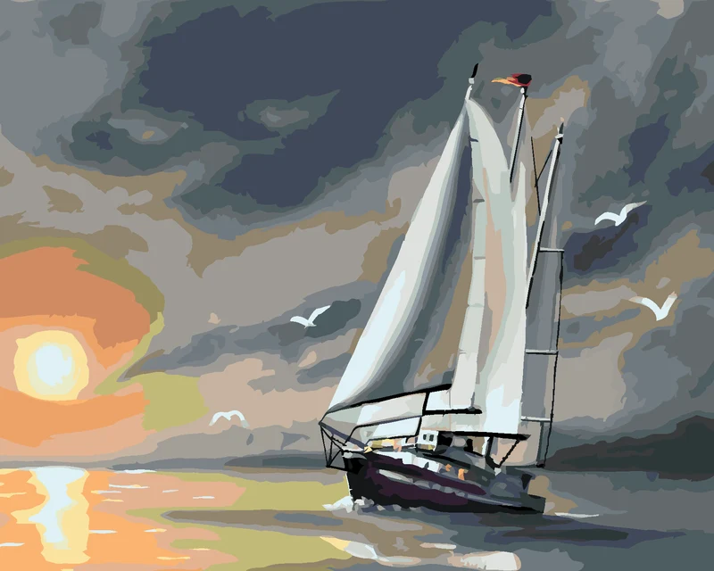 Diamond painting - SEGELSCHIFF, MÖWEN UND SONNENUNTERGANG (D. RUSTY RUST)