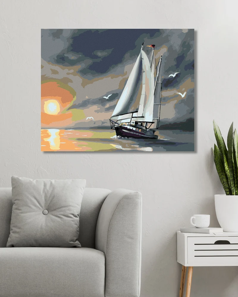 Diamond painting - SEGELSCHIFF, MÖWEN UND SONNENUNTERGANG (D. RUSTY RUST)