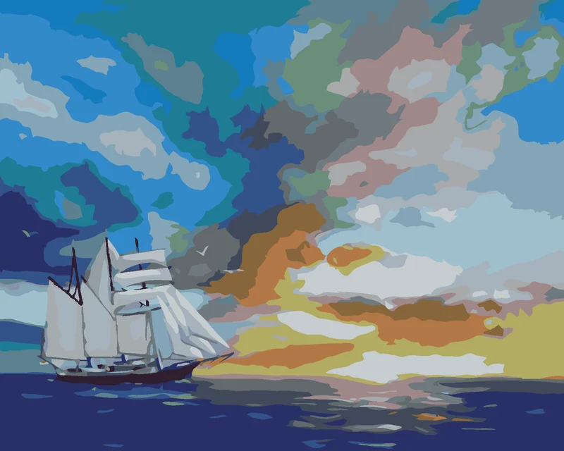 Diamond painting - SEGELSCHIFF, SONNENUNTERGANG UND WOLKEN (D. RUSTY RUST)