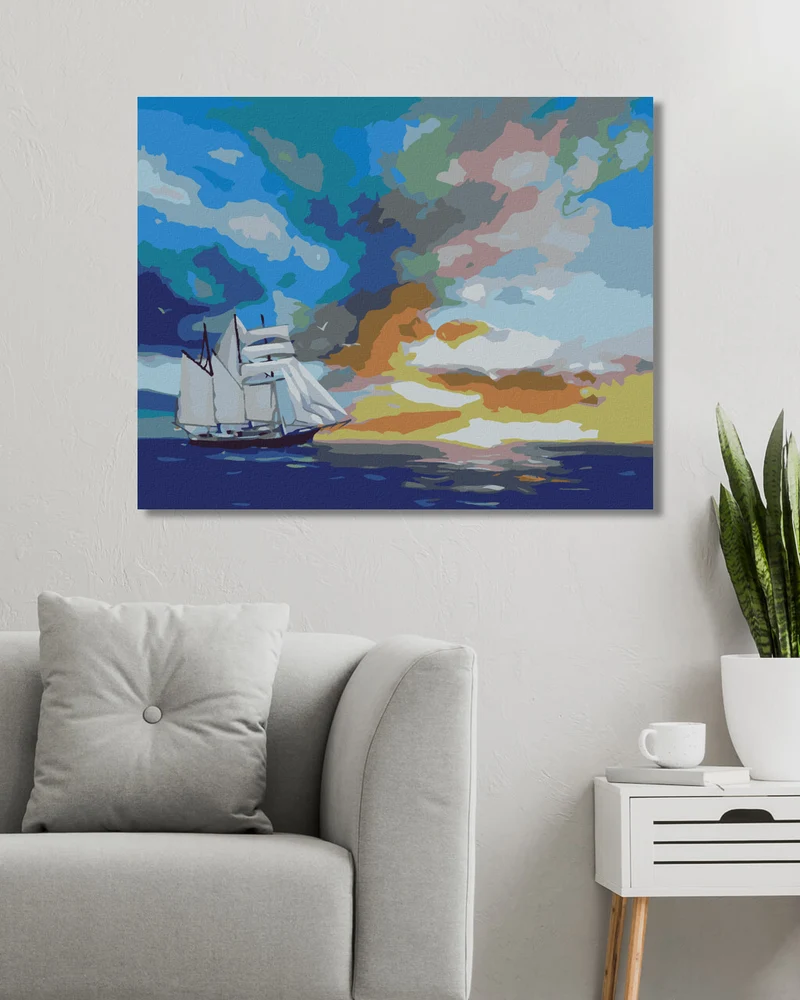 Diamond painting - SEGELSCHIFF, SONNENUNTERGANG UND WOLKEN (D. RUSTY RUST)