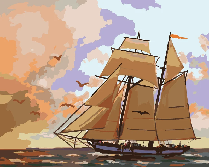 Diamond painting - SEGELSCHIFF, VÖGEL UND HIMMELSRÖTE (D. RUSTY RUST)