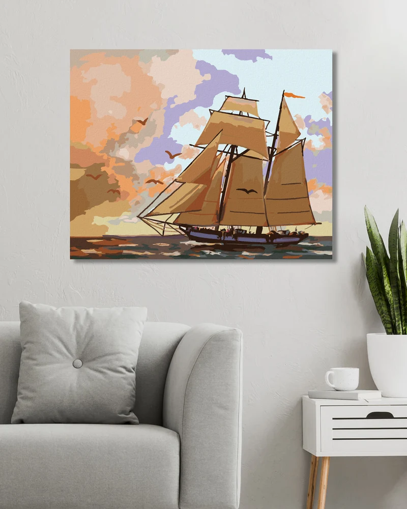 Diamond painting - SEGELSCHIFF, VÖGEL UND HIMMELSRÖTE (D. RUSTY RUST)