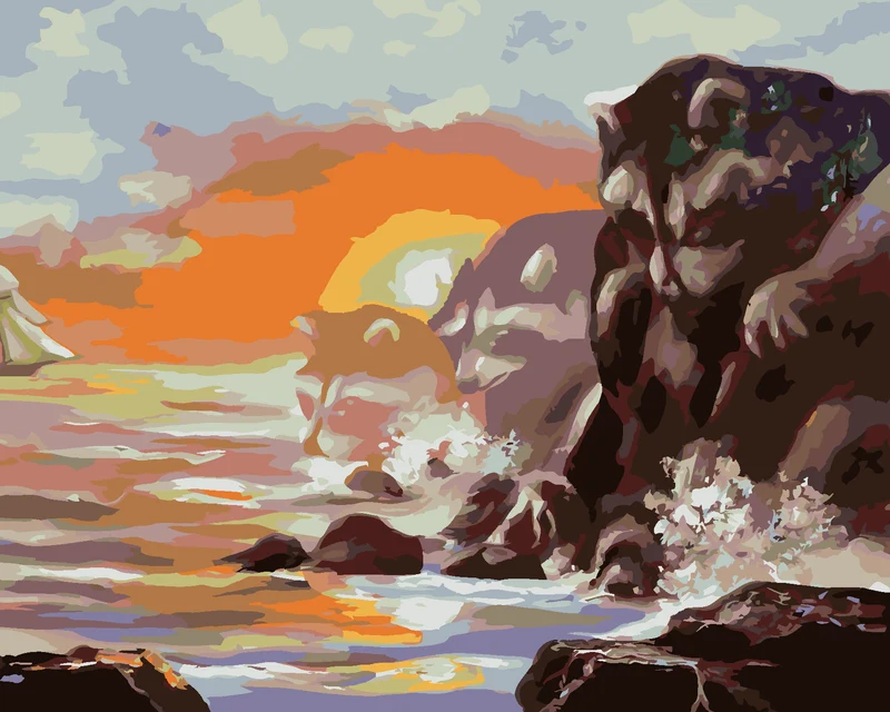 Diamond painting - SEGELSCHIFF, WASCHBÄR, FELSEN, MEER UND SONNENUNTERGANG (D. RUSTY RUST)