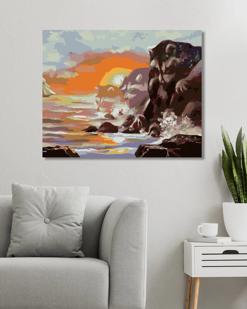 Diamond painting - SEGELSCHIFF, WASCHBÄR, FELSEN, MEER UND SONNENUNTERGANG (D. RUSTY RUST)