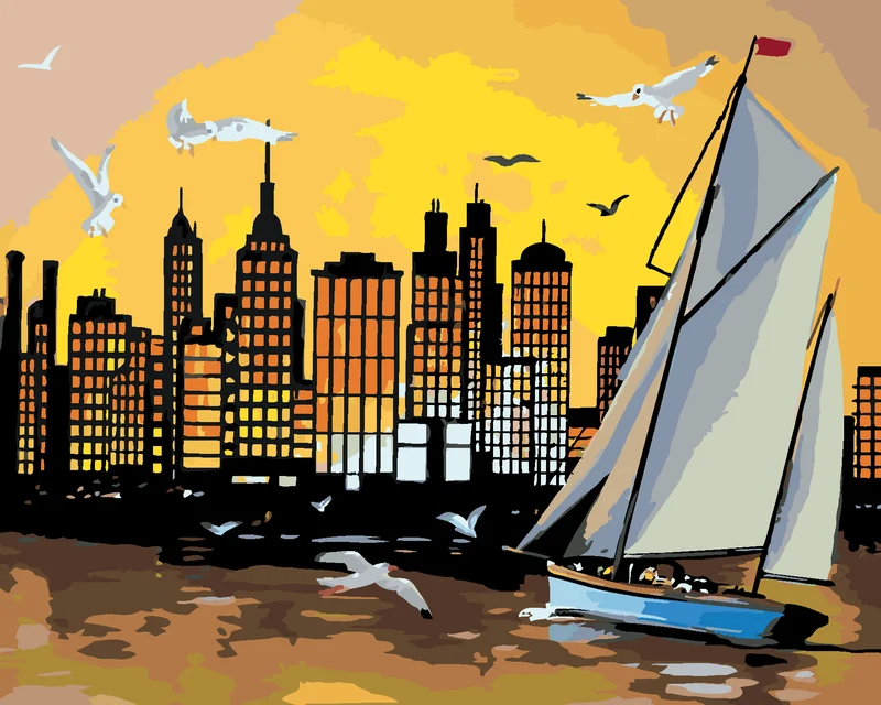 Diamond painting - SEGELSCHIFF, WOLKENKRATZER UND SONNENUNTERGANG (D. RUSTY RUST)