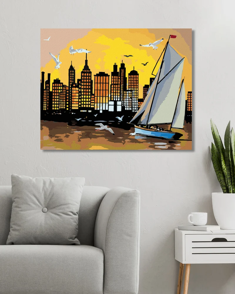 Diamond painting - SEGELSCHIFF, WOLKENKRATZER UND SONNENUNTERGANG (D. RUSTY RUST)