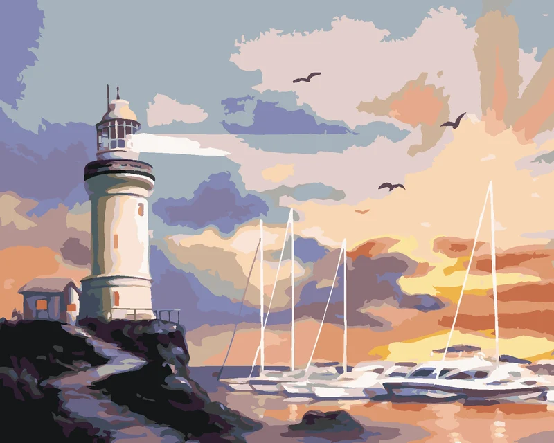 Diamond painting - SEGELSCHIFFE, LEUCHTTURM UND SONNENUNTERGANG (D. RUSTY RUST)