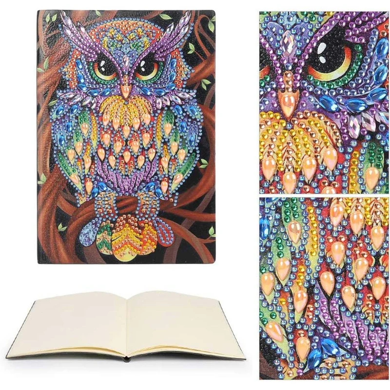 Diamond Painting Notizbuch – Regenbogen-Eule auf dem Ast