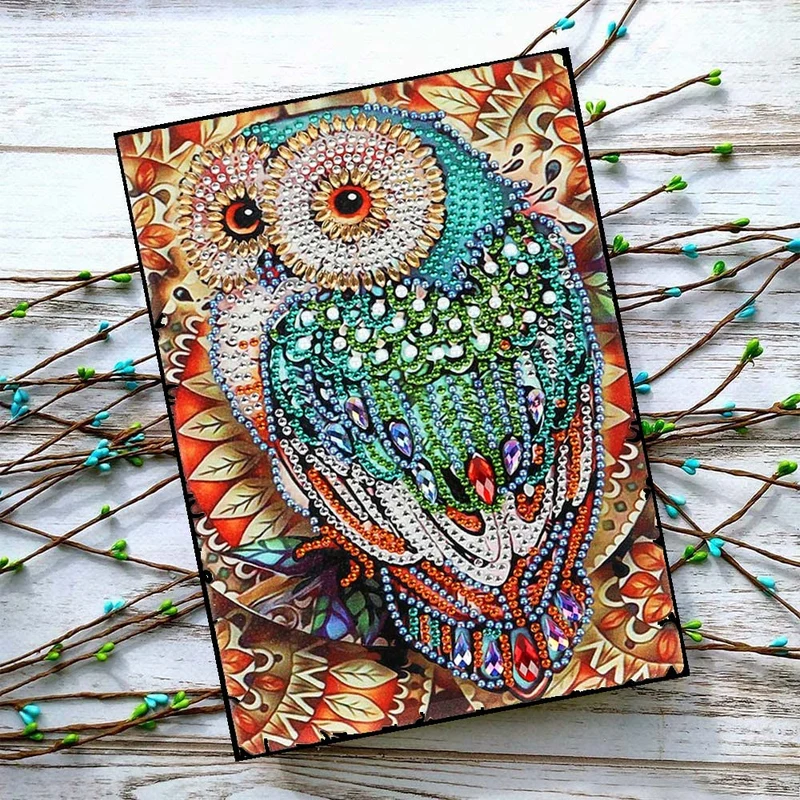 Diamond Painting Notizbuch – Smaragd-Eule im Blätterrahmen