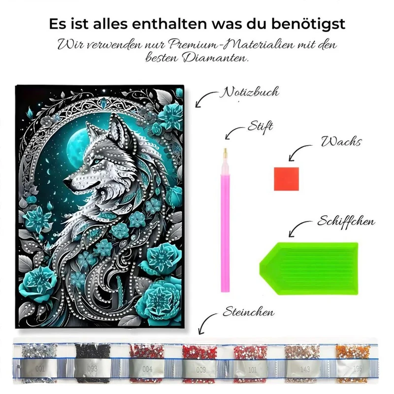 Diamond Painting Notizbuch – Mondwolf Eleganz