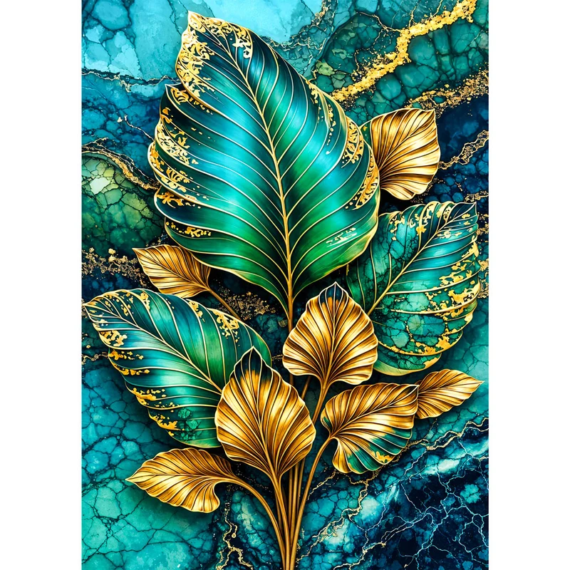 5D Diamond Painting – Golden Emerald Leaves