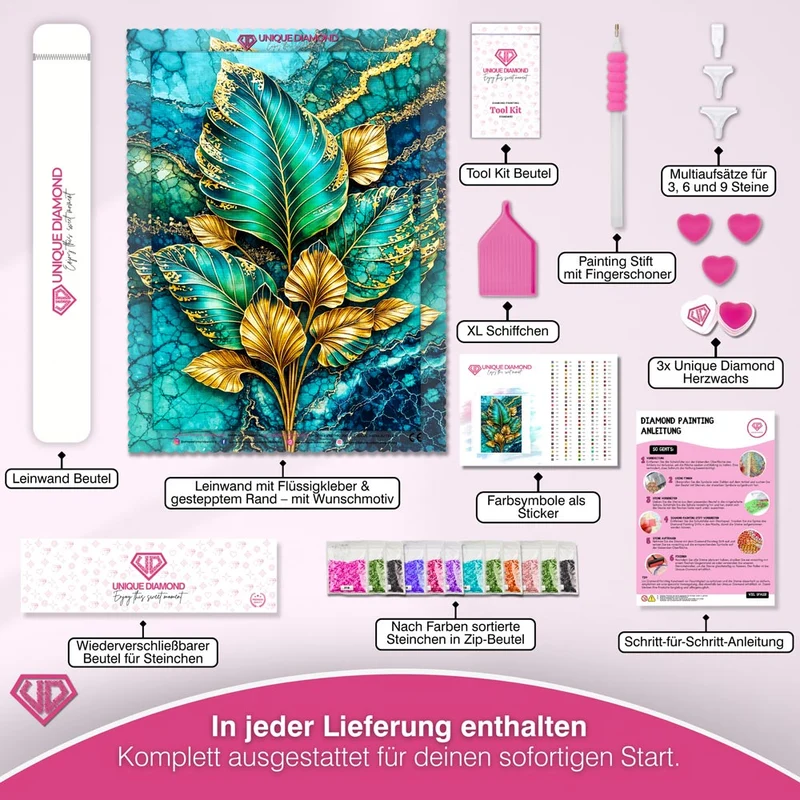 5D Diamond Painting – Golden Emerald Leaves