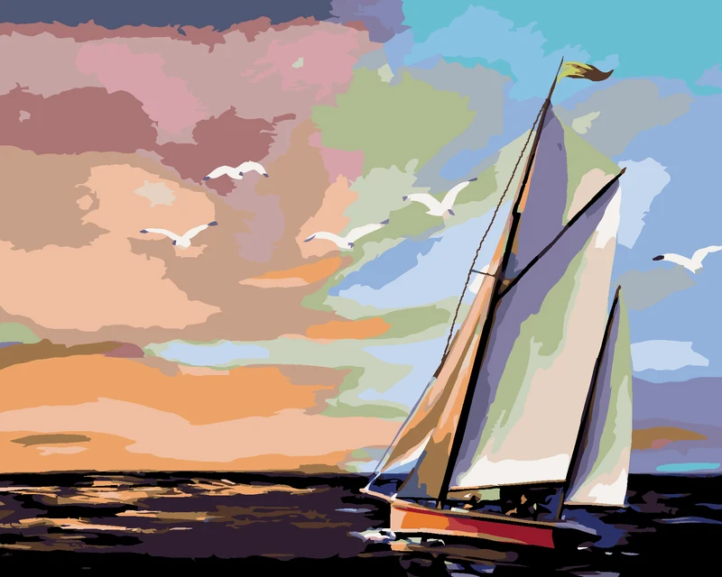 Diamond painting - SEGELSCHIFF UND FARBENFROHER SONNENUNTERGANG (D. RUSTY RUST)